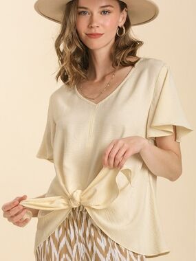 Umgee Cream V-Neck Tie-Front Flutter Sleeve Top